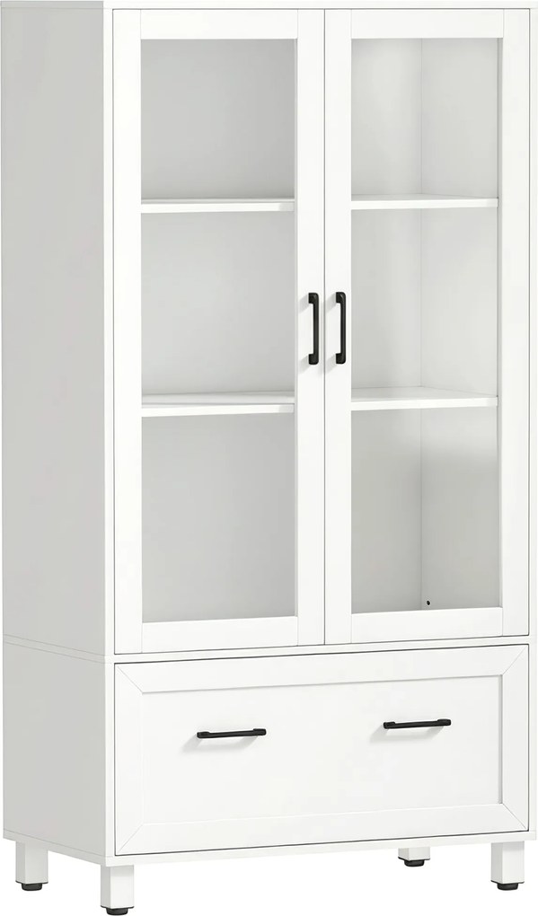 Arquivador com Portas de Vidro e Gaveta, Armário de Escritório com Barras Ajustáveis para Arquivo, 75x40x141 cm, Branco