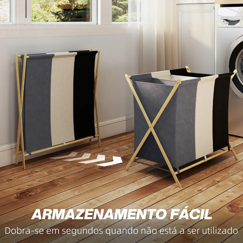 Cesto para Roupa Suja Dobrável com 3 Compartimentos Capacidade 129L com Estrutura de Bambu e Sacos Removíveis Multicolor