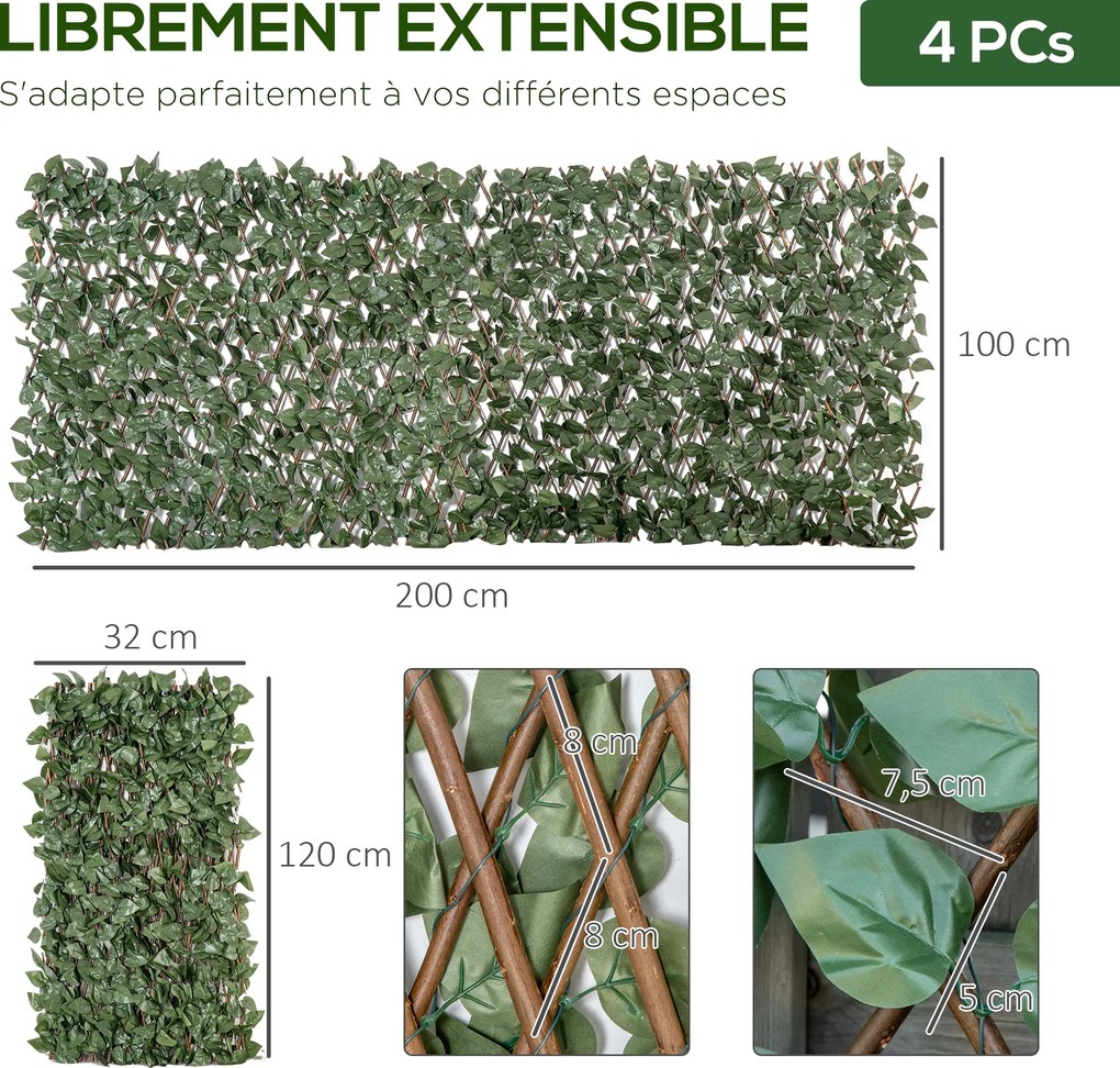 Conjunto de 4 sebes artificiais de hera extensível 200 x 100 cm, folhagem de poliéster com efeito de vime para proteção da privacidade, verde