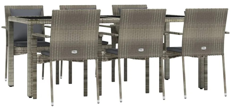 7 pcs conjunto de jantar p/ jardim c/ almofadões vime PE cinza