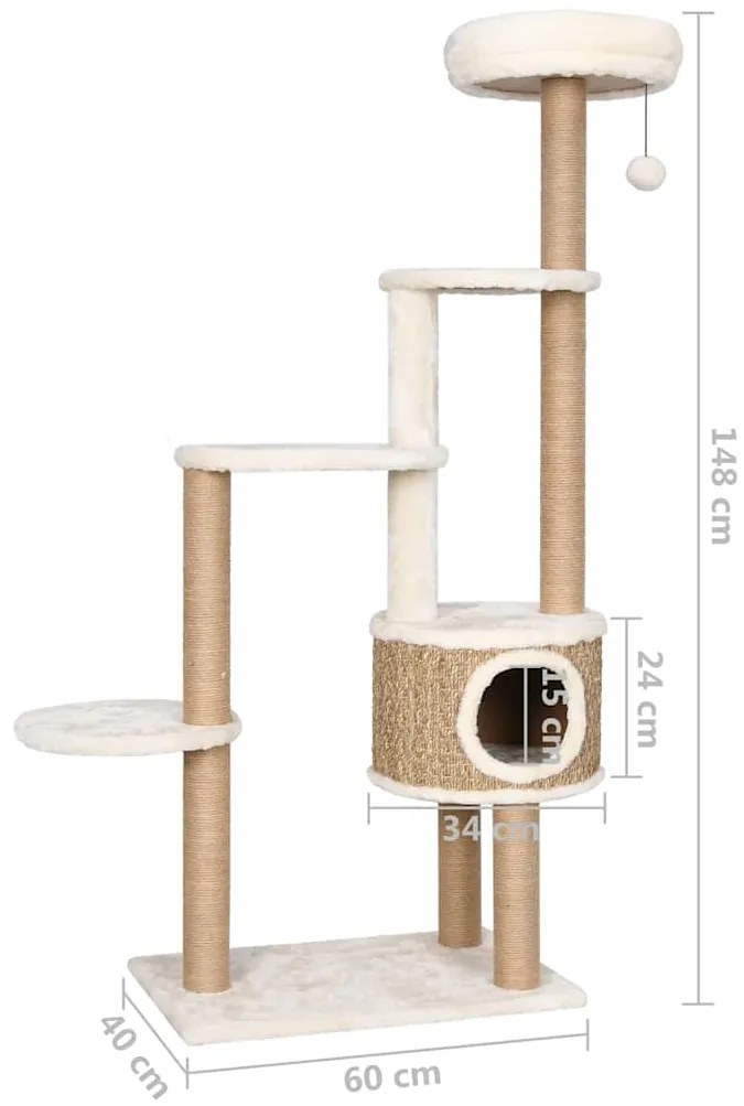 Árvore para gatos c/ postes e almofadão 148 cm erva marinha
