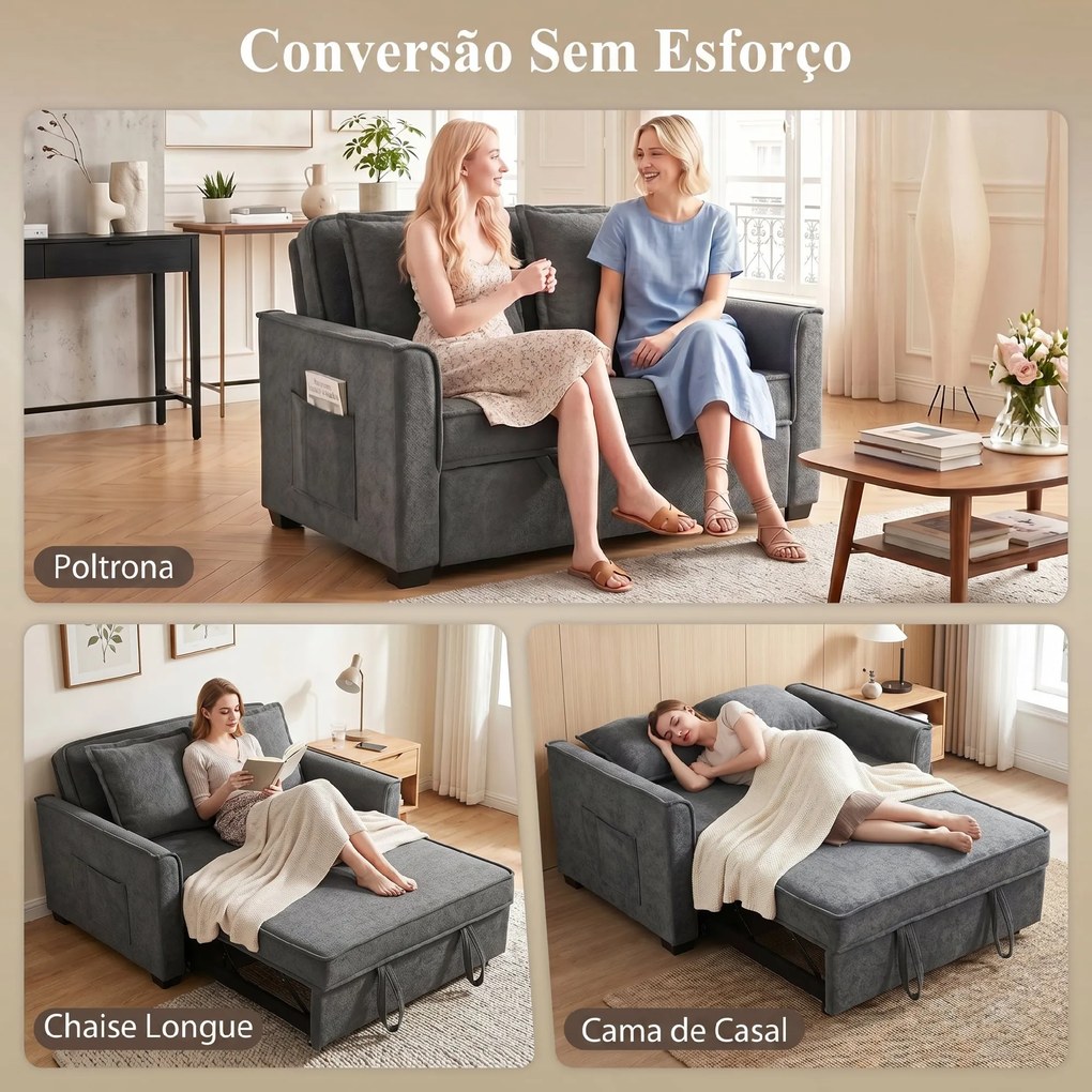 Sofá-Cama 2 Lugares 3 em 1 com Encosto Ajustável Bolsos Laterais 2 Almofadas para Sala Cinzento Escuro