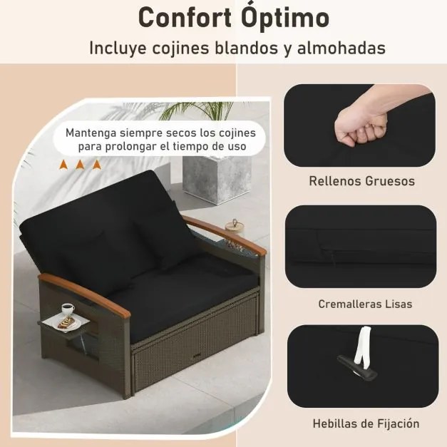 Sofá-cama de rattan para exterior com apoio para os pés com arrumação Encosto ajustável em 4 níveis e tabuleiros laterais retrácteis Castanho/preto