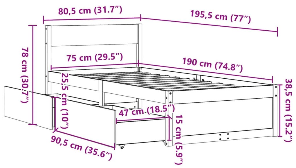 Estrutura de cama com gavetas 75x190 cm madeira de pinho maciça