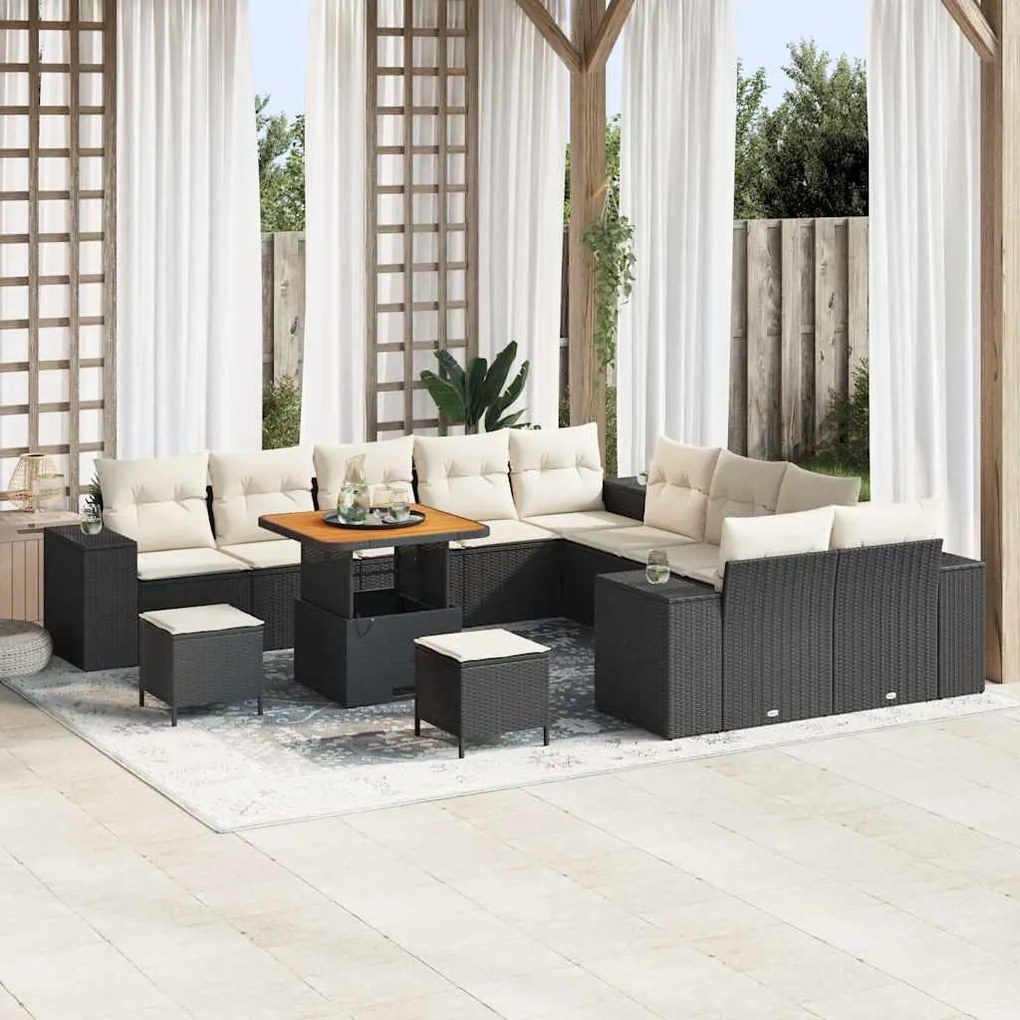 vidaXL Conjunto de Sofá para Jardim com 13 Peças e Almofadas em Rattan Sintético Preto e Acácia