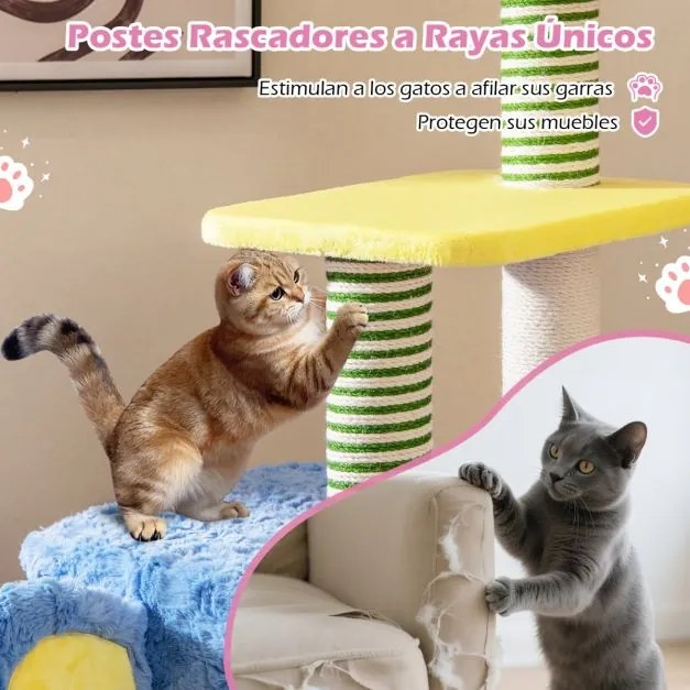 Arranhador para gatos 75 x 40 x 154 cm com tema de elefante com cama acolchoada, postes de sisal, 2 condomínios para interior azul