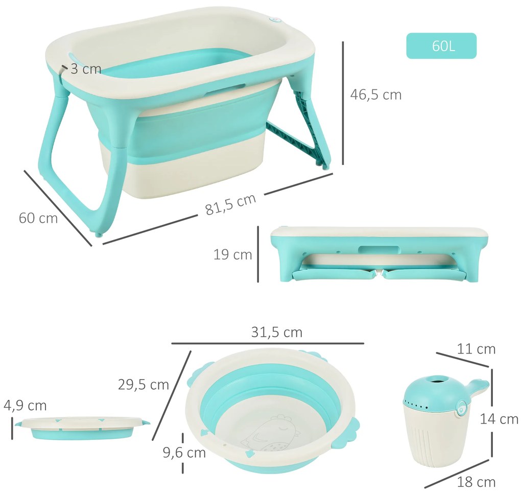 HOMCOM Banheira dobrável e portátil para bebê com recipiente para xampu bacia e banco conjunto de 4 peças de banho81,5x60x46,5 cm Verde