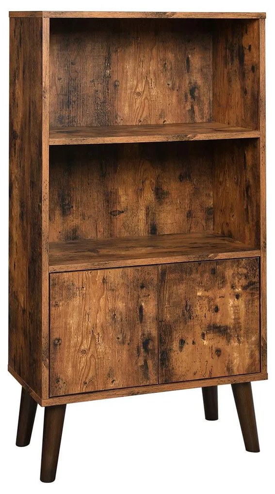 Estante retrô VASAGLE, estante de 2 níveis com portas, armário para livros, fotos e decorações, para sala de estar, escritório, biblioteca, estilo moderno de meados do século, marrom ULBC09BX
