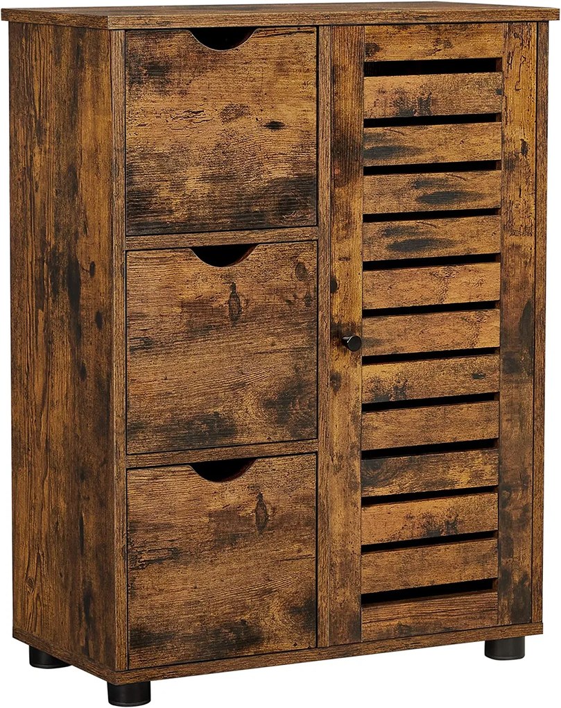 Armário de chão para banheiro VASAGLE, unidade de armazenamento de madeira com 3 gavetas, porta única com 2 prateleiras ajustáveis, para sala de estar, cozinha, entrada, marrom rústico BBK143X01V1