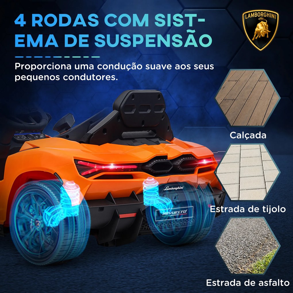 Carro Elétrico para Crianças Carro Lamborghini Revuelto com Bateria 12V Faróis LED e Música 105x60x40 cm Laranja