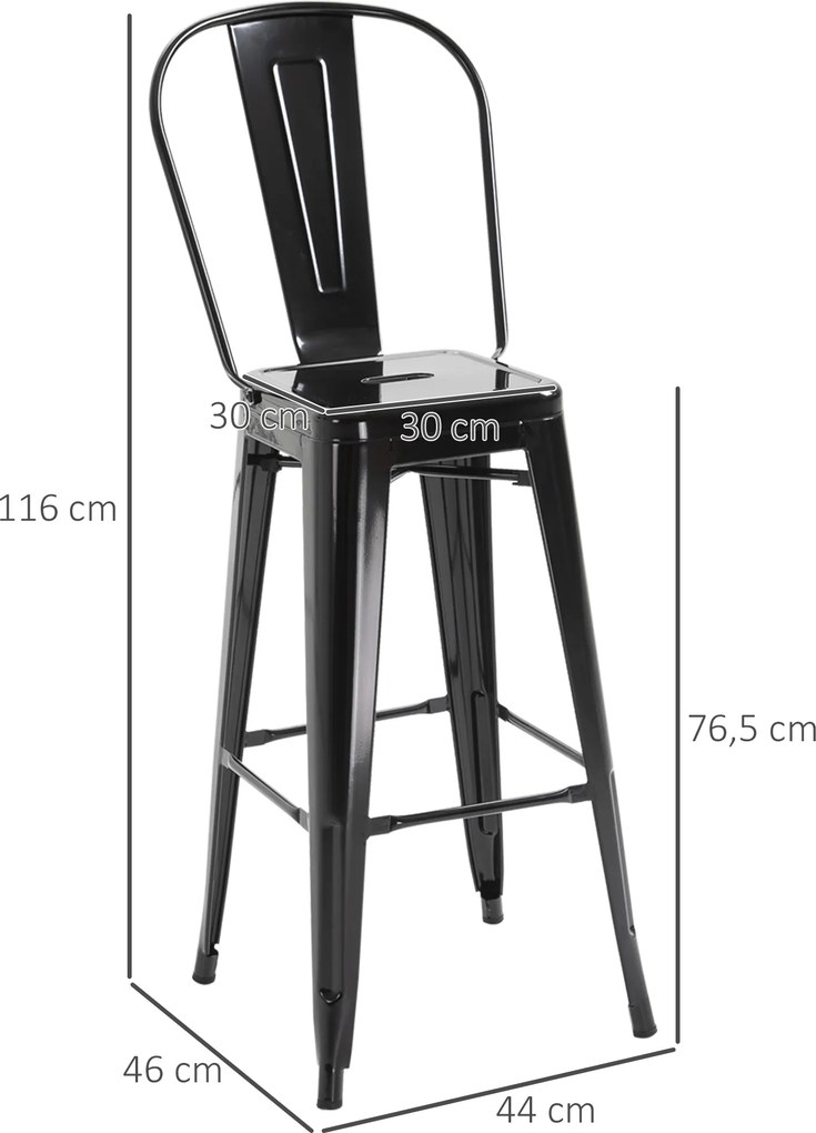 Conjunto de 4 bancos de bar empilháveis, estilo industrial, com encosto e apoio para os pés, altura do assento de 76 cm, em metal preto