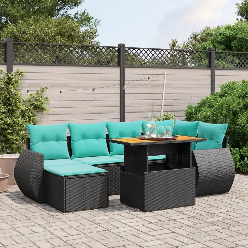 7 pcs conjunto de sofás p/ jardim c/ almofadões vime PE preto