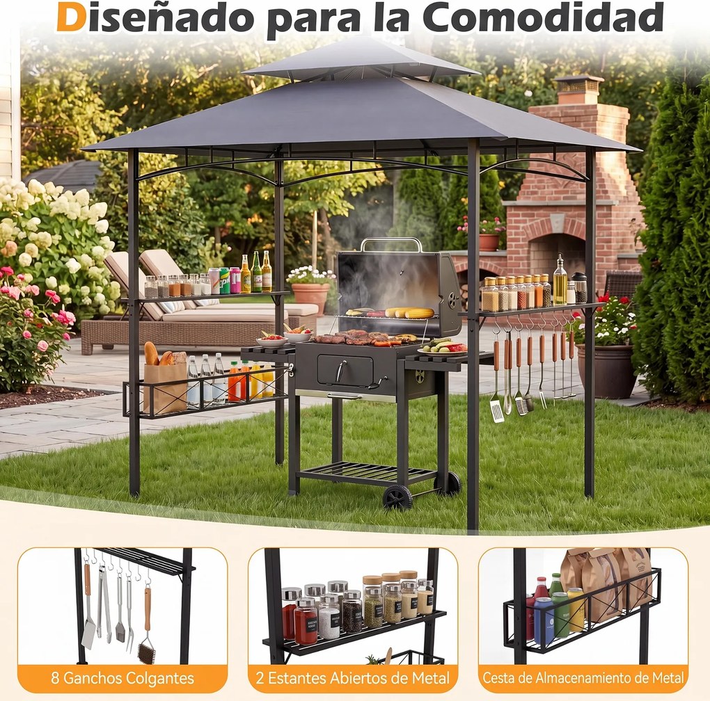 Tenda de Jardim para Churrasco (GRELHADOR NÃO INCLUIDO), 244 x 147 x 255 cm, Cobertura Dupla, Cinzento