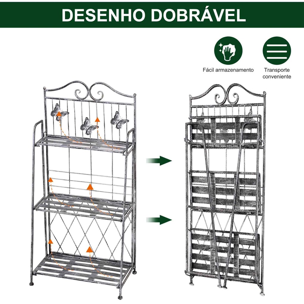 Suporte para Plantas Dobrável Suporte para Vasos de Plantas de 3 Níveis com Estrutura de Metal 44x25x96 cm Prata