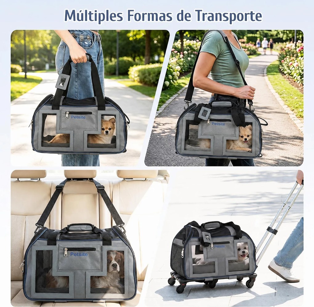 Transportadora para Animais com Carrinho Removível, 47 x 31,5 x 37 cm, Pega Telescópica Ajustável, Azul