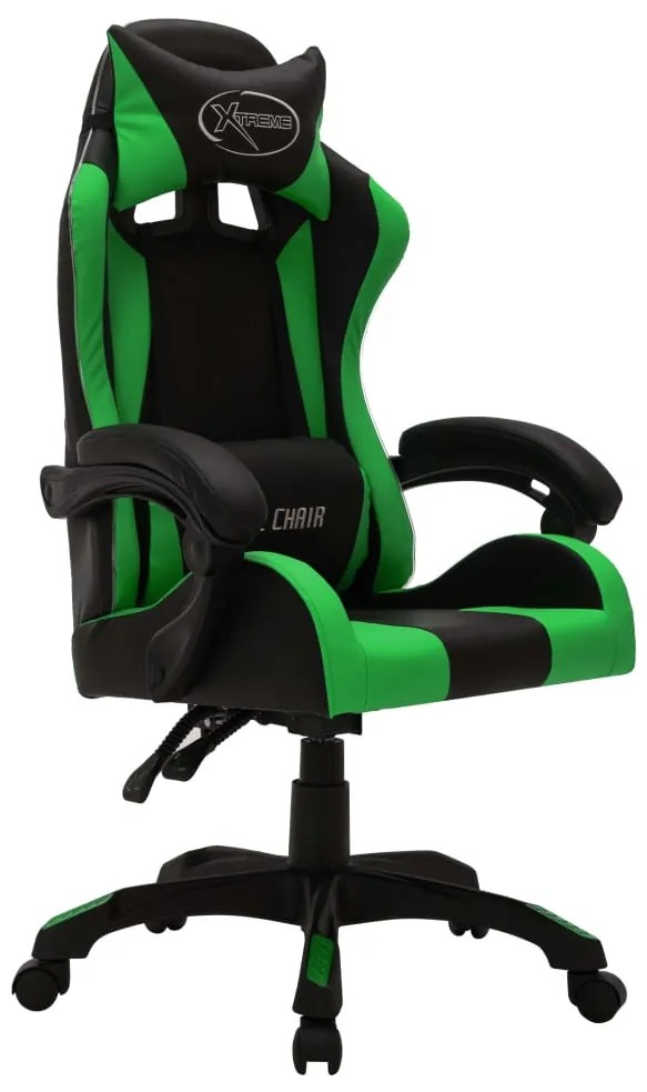 Cadeira estilo corrida luzes LED RGB couro artif. verde/preto