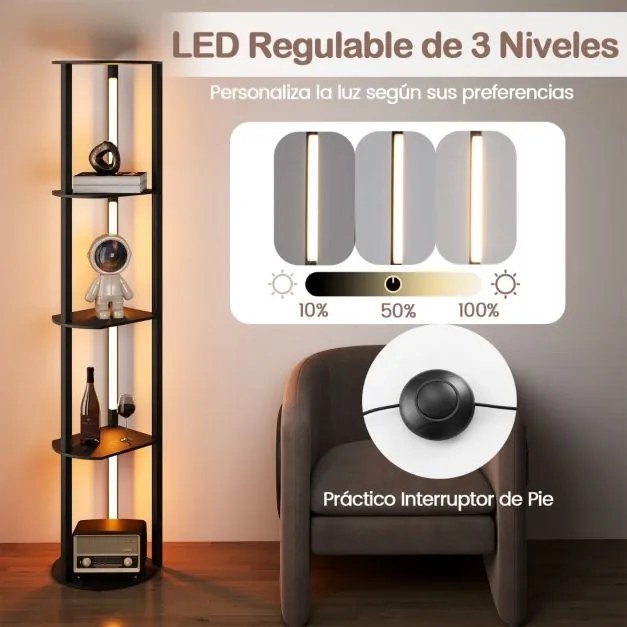 Candeeiro de pé com prateleiras de 4 níveis com tiras LED orientáveis, 3 temperaturas de cor, para sala de estar ou escritório, 35 x 30 x 163 cm, pret