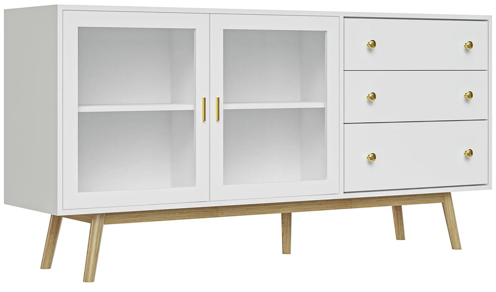HOMCOM Aparador de Sala de Estar com 2 Portas de Vidro 3 Gavetas e Pés de Madeira de Borracha 160x40x80 cm Branco e Madeira | Aosom Portugal