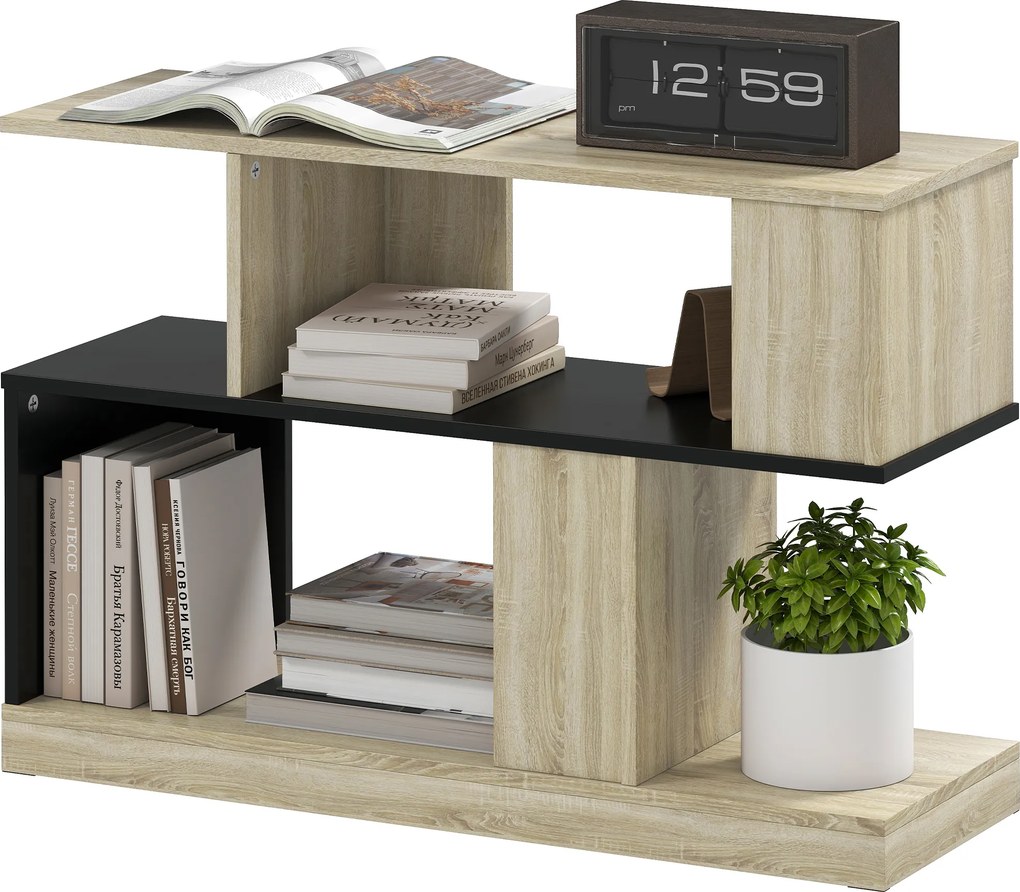 Mesa auxiliar em forma de S, com 3 prateleiras de arrumação, 90 x 30 x 61 cm, efeito de madeira natural preta