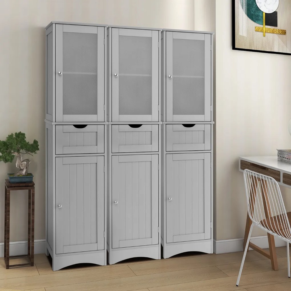 Armário Alto de Casa de Banho com 2 Portas e 1 Gaveta, 40 x 30 x 170 cm, Prateleiras Ajustáveis, Cinzento