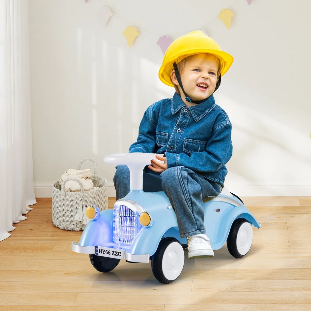 Andarilho montar carro clássico deslizante com volante, buzina, luz LED e espaço de armazenamento sob o assento para crianças de 19 a 36 meses, azul