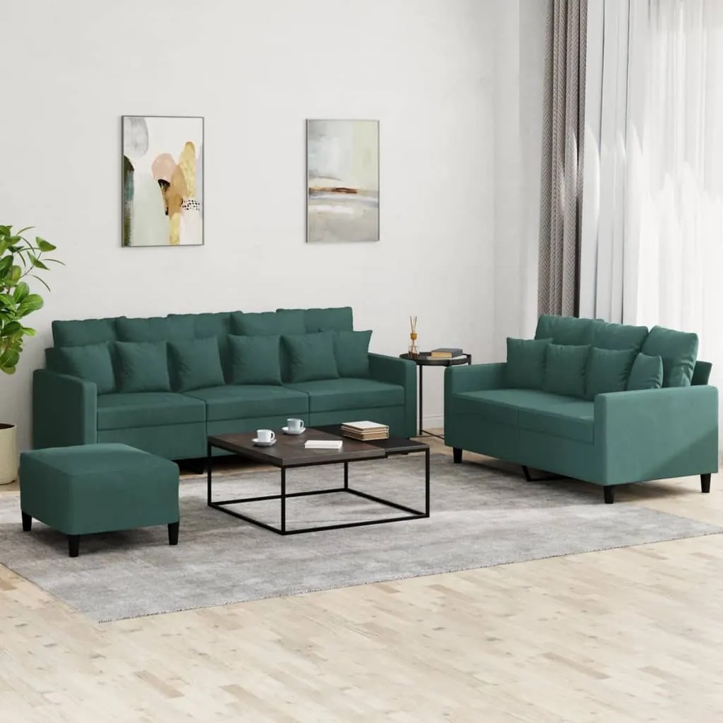 3 pcs conjunto de sofás com almofadões veludo verde-escuro