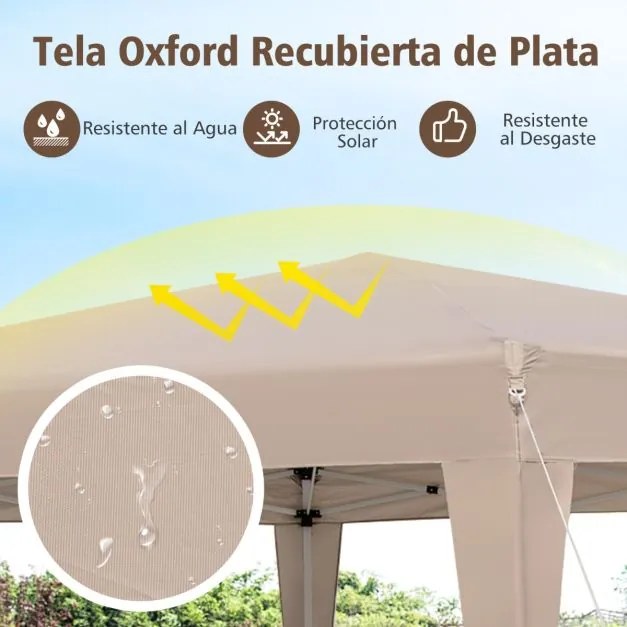 Tenda dobrável hexagonal 400 x 348 cm para exteriores com altura ajustável e pés revestidos cáqui