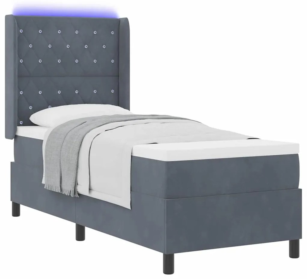 Cama Box com Colchão &amp; LED Cinza Escuro 80x200 cm Veludo