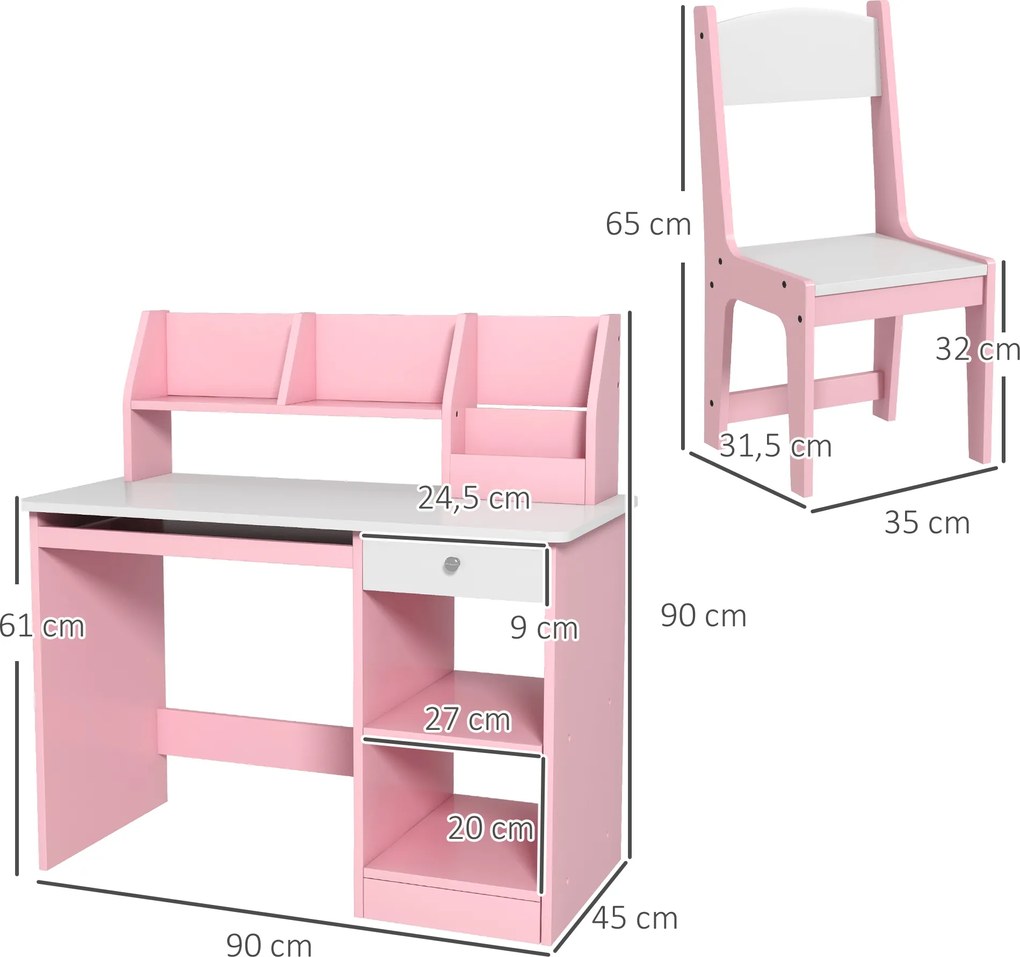 Secretária infantil com cadeira ergonómica, tabuleiro deslizante para teclado, gavetas, compartimentos abertos e prateleiras abertas, 90 x 45 x 90 cm,