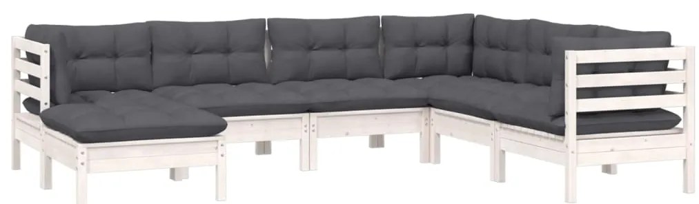 7 pcs conj. lounge de jardim c/ almofadões pinho maciço branco