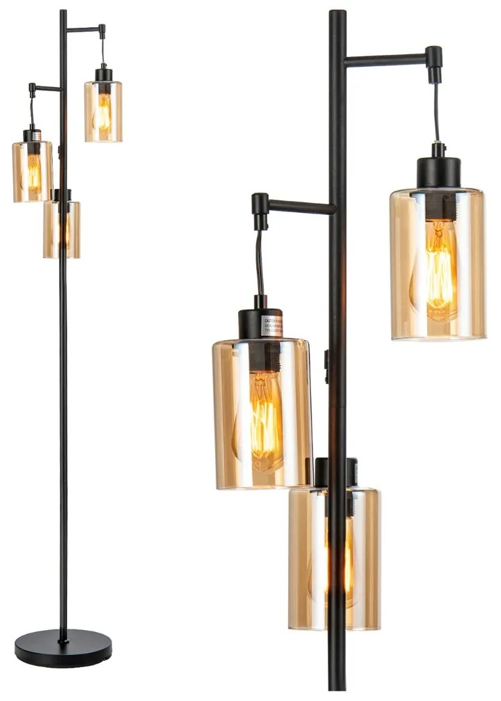 Candeeiro de pé com abajur de vidro âmbar de 3 cabeças, interruptor de pé, base de metal para quarto, 24,5 x 164 cm, preto