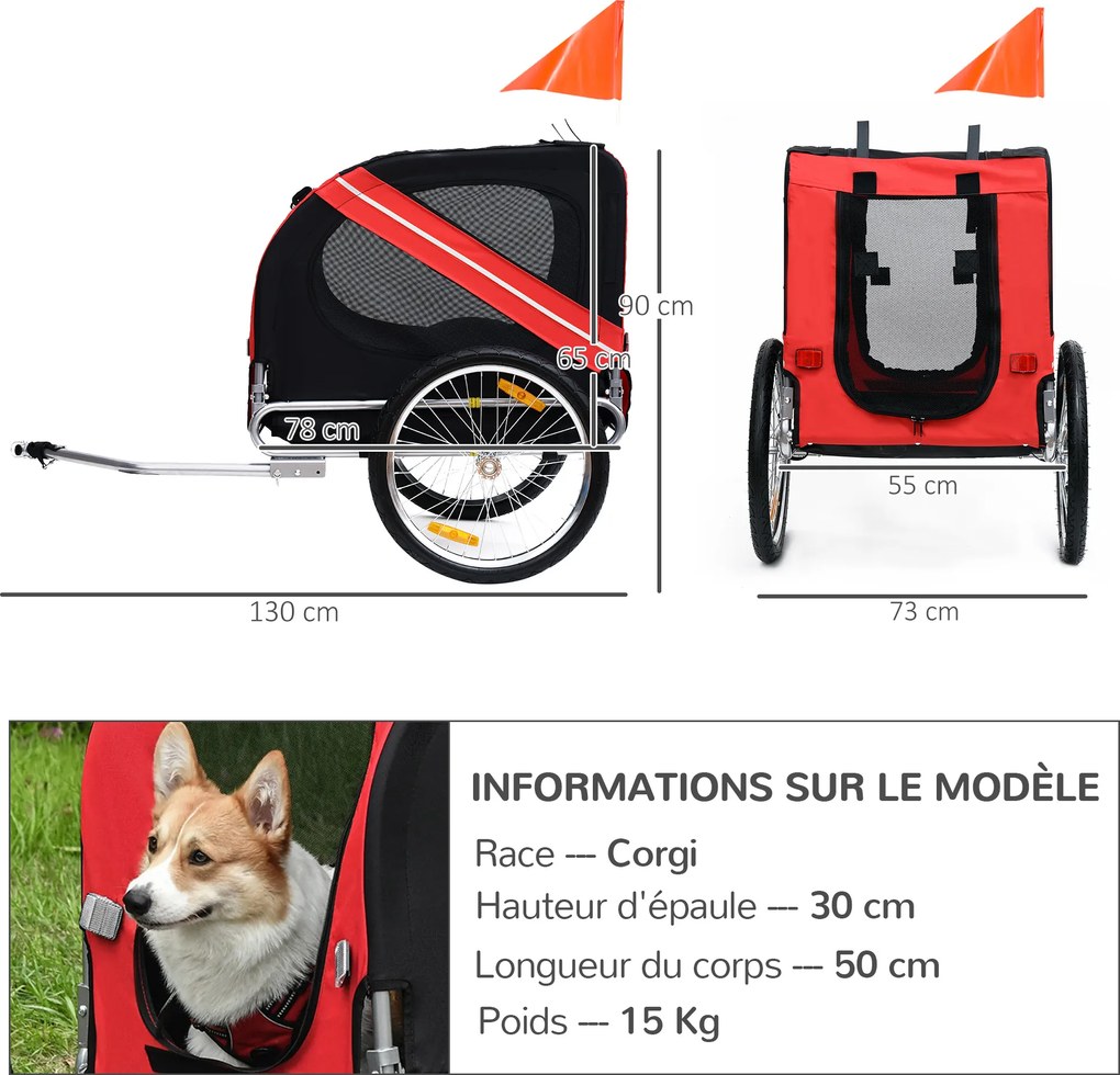 Reboque de bicicleta para cães e animais de estimação 130 L x 73 L x 90 A cm,, com 8 refletores, bandeira e barra de engate incluída, em aço e poliést