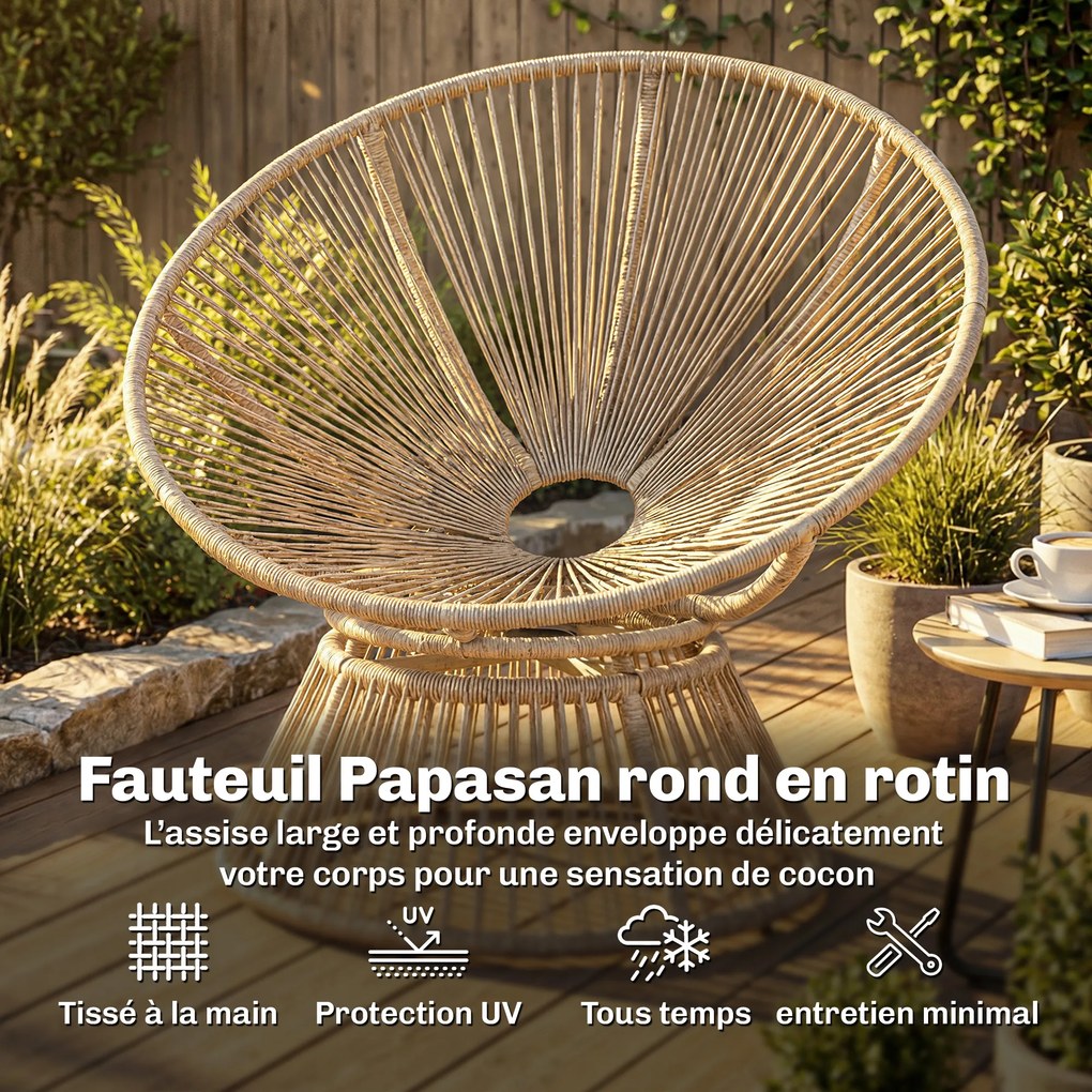 Cadeira Papasan giratória a 360° Cadeira de jardim em polirratão Almofada macia de 12 cm 93 x 81 x 87 cm Natural