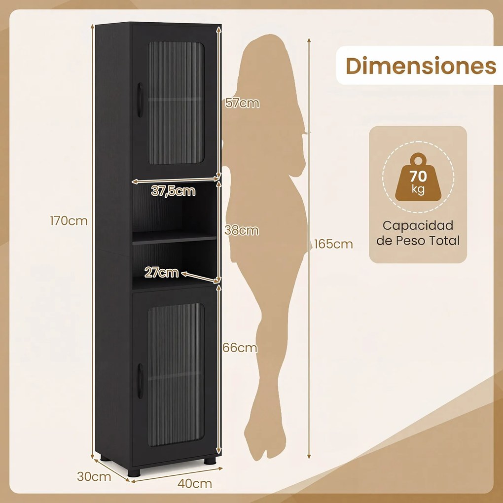Armário alto e estreito de casa de banho 40 x 30 x 170 cm com 2 portas semitransparentes, 2 compartimentos e prateleira ajustável para cozinha e sala,