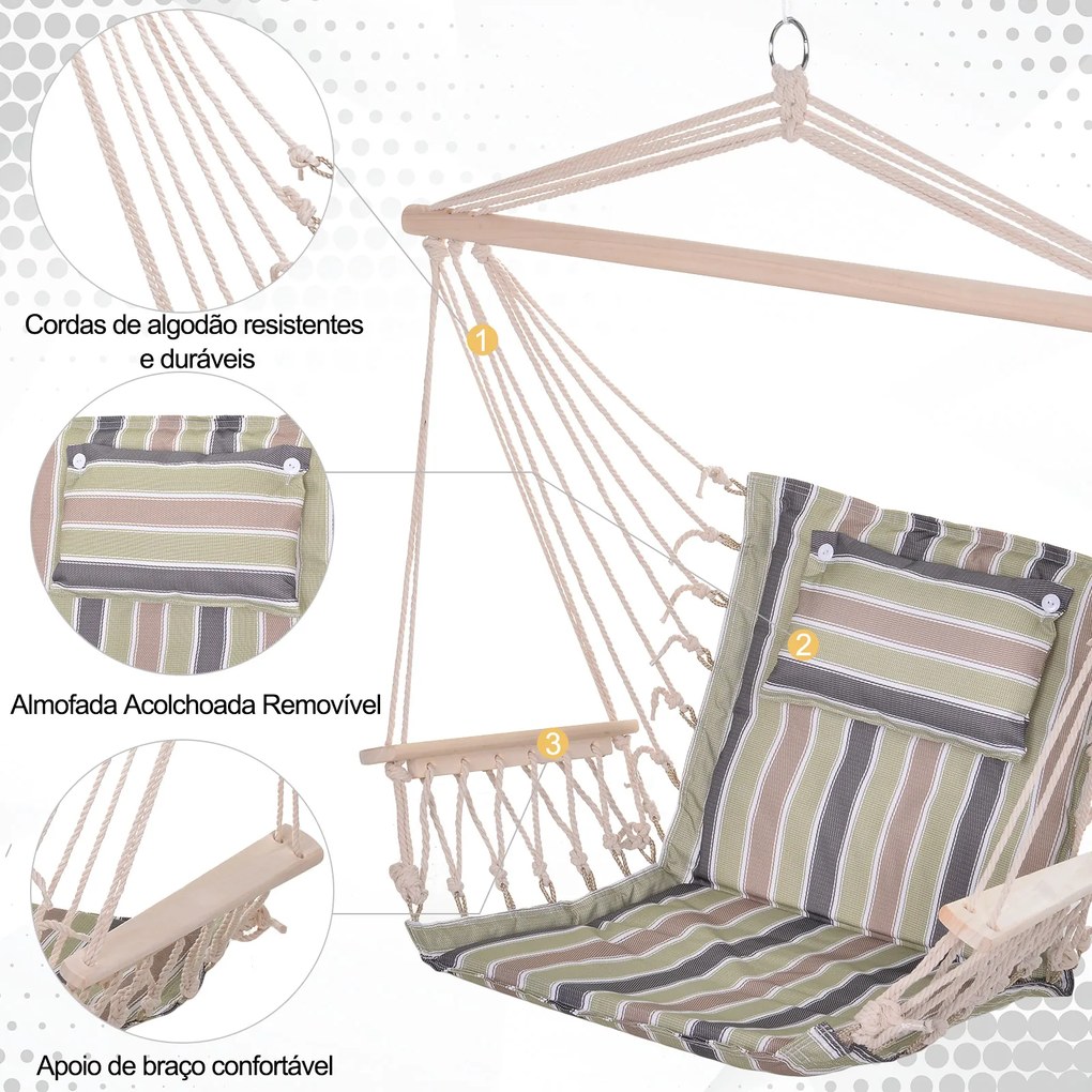 Cadeira de rede suspensa listrada com almofada encosto apoio de cabeça 100x106 cm máx. 105 kg