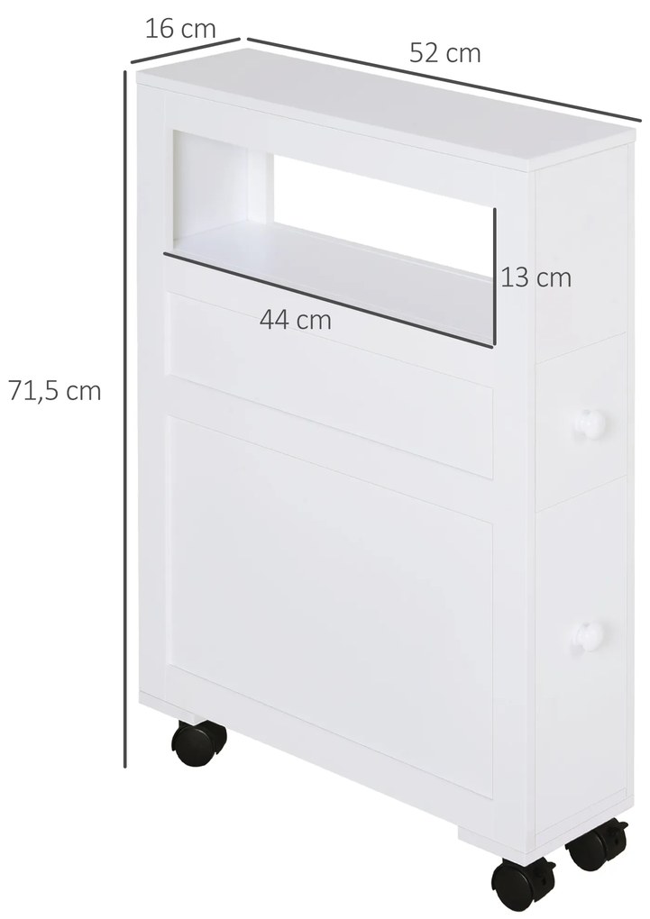 HOMCOM Móvel Auxiliar Casa de Banho Móvel Casa de Banho para Espaços Reduzidos com 4 Rodas Prateleira Aberta e Gavetas 16x52x71,5 cm Branco