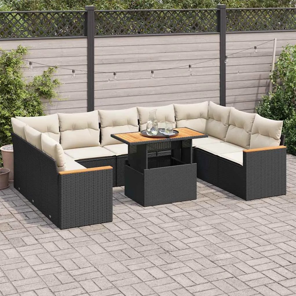 vidaXL 10 pcs conjunto sofás jardim c/ almofadões vime PE/acácia preto