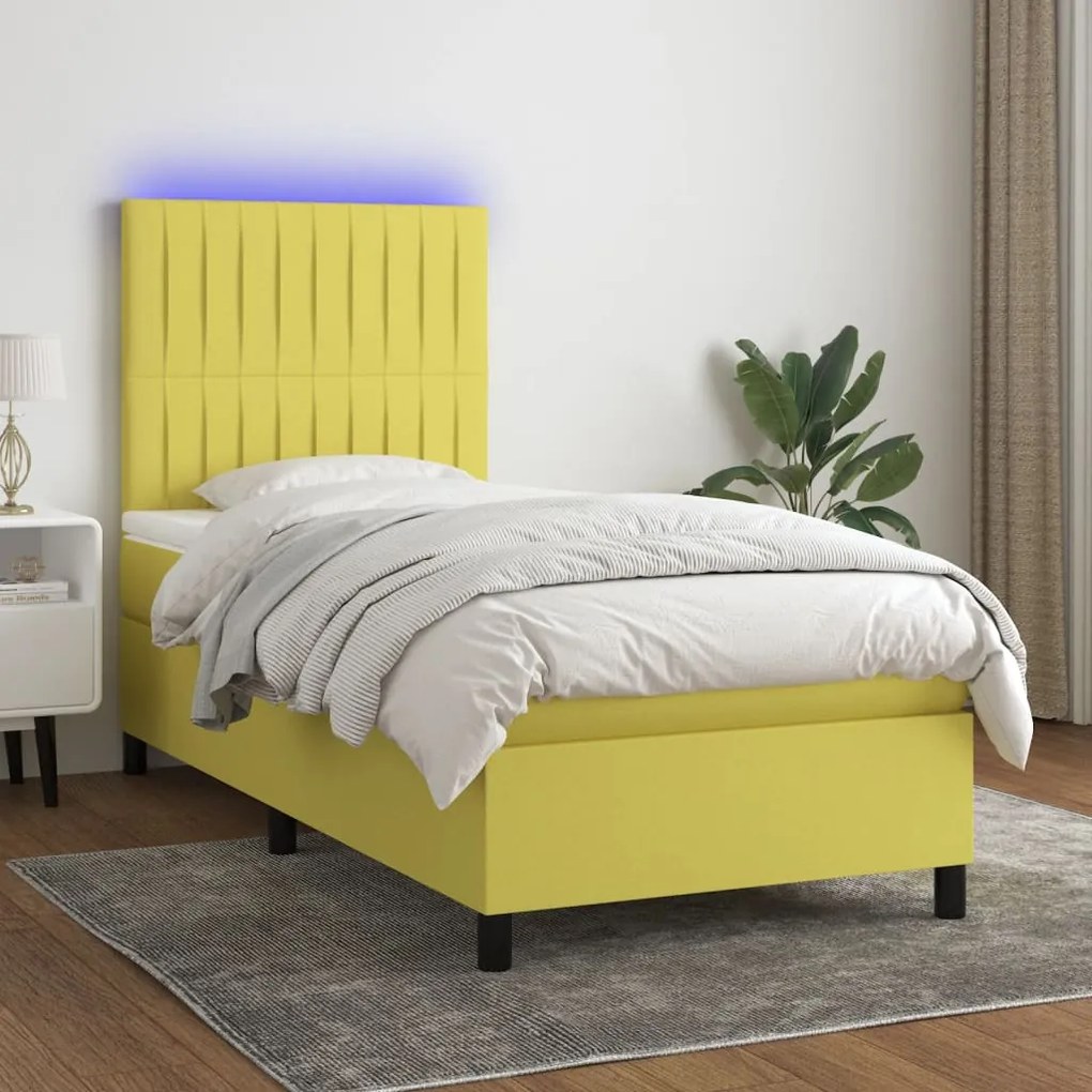 vidaXL Cama box spring c/ colchão e LED 90x200 cm tecido verde
