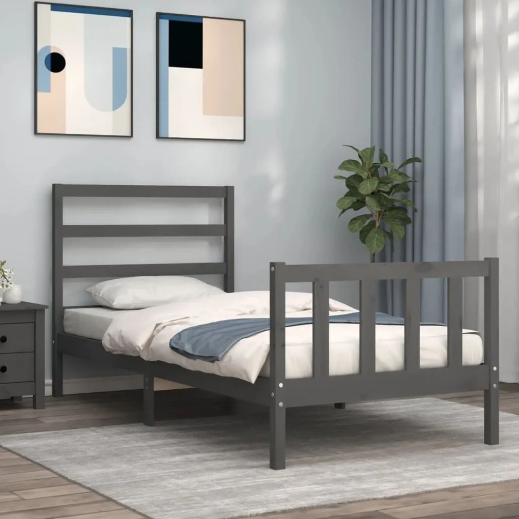 vidaXL Estrutura de cama com cabeceira 90x200 cm madeira maciça cinza