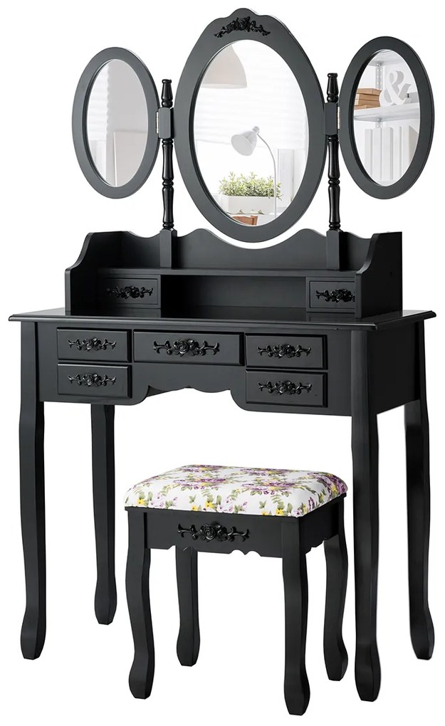 Conjunto de Toucador e banco acolchoado Mesa para maquilhagem com espelho dobrável para casa, apartamento ou hotel Preto
