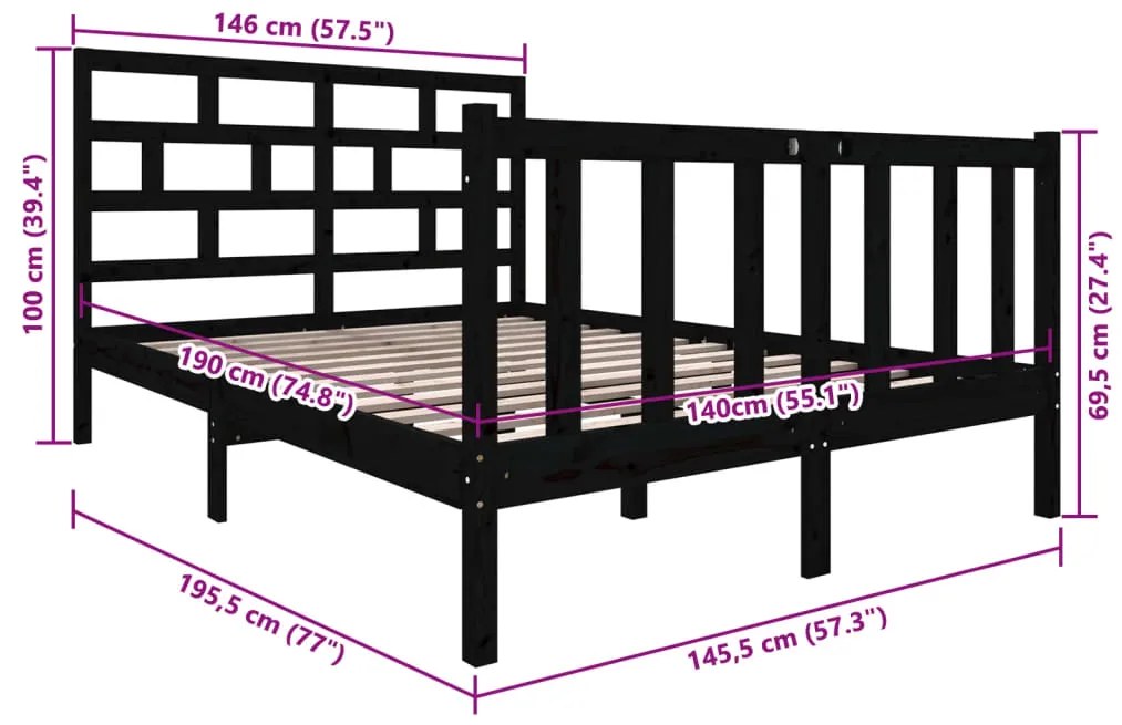 Estrutura de cama 140x190 cm madeira de pinho maciça preto
