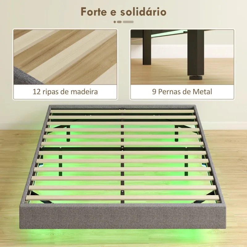 Cama 140x200 cm (COLCHÃO NÃO INCLUIDO) com Luzes LED Estofada em Linho Ripas de Madeira Silenciosa Fácil de Montar Cinzento