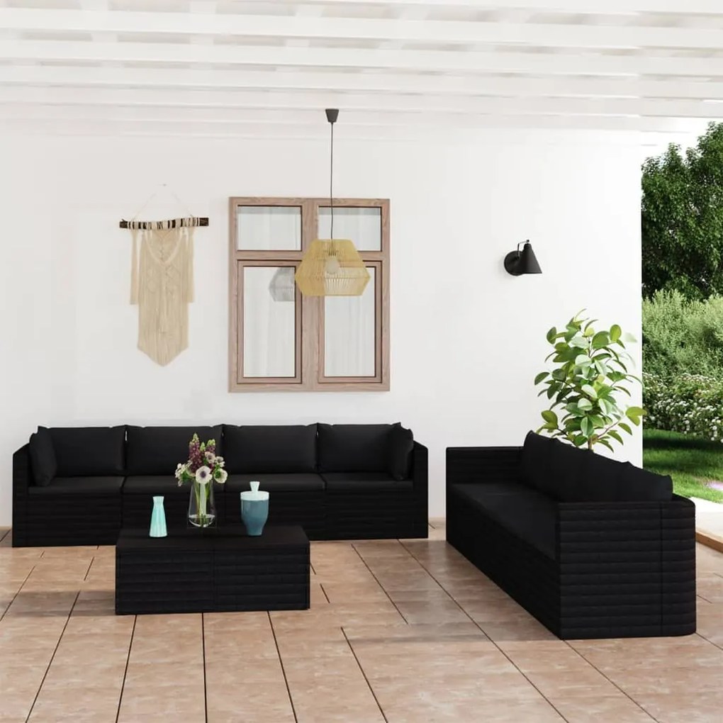 vidaXL 9 pcs conjunto lounge de jardim c/ almofadões vime PE preto