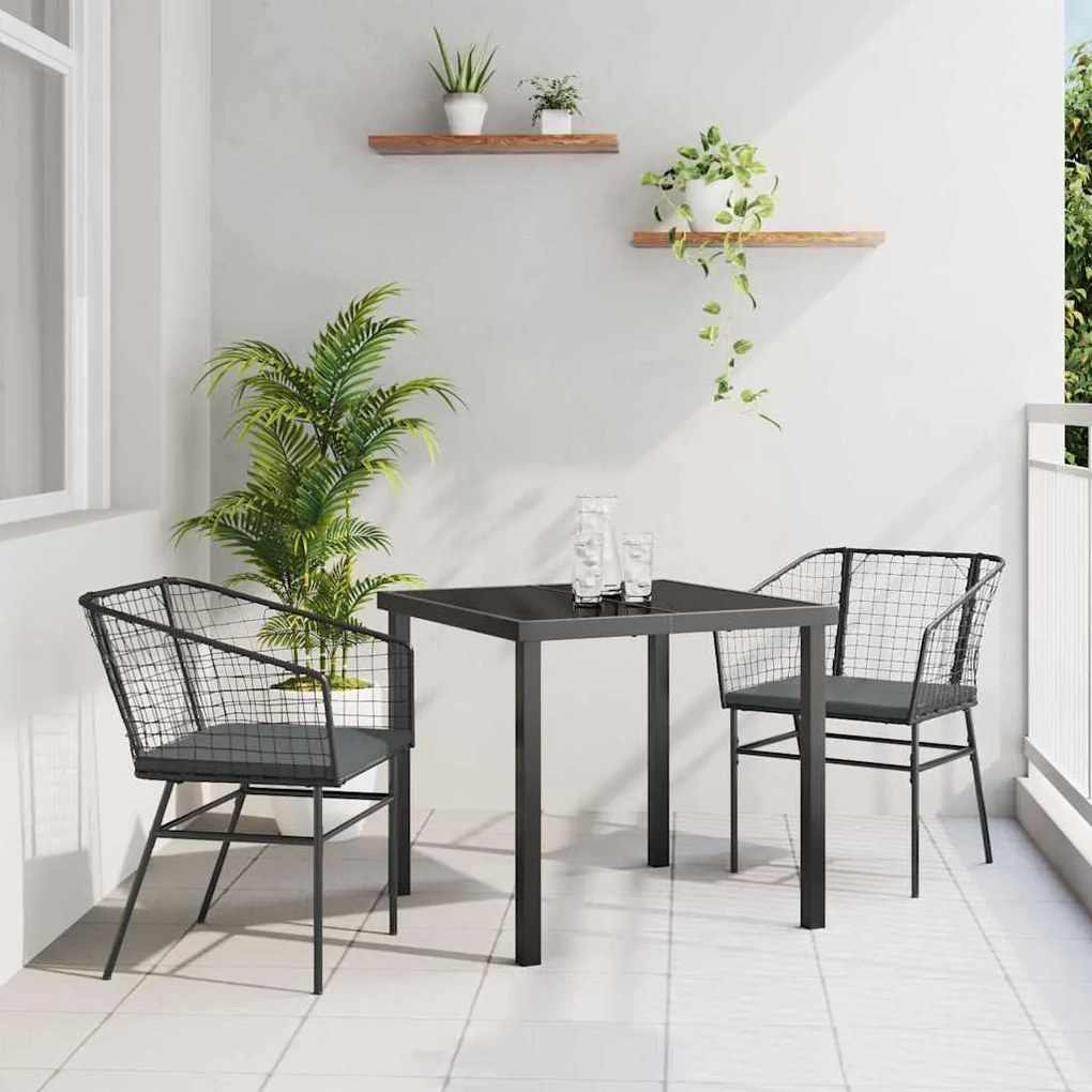 vidaXL Conjunto de Jantar de Jardim com 3 Peças e Almofadas Pretas em Rattan Sintético