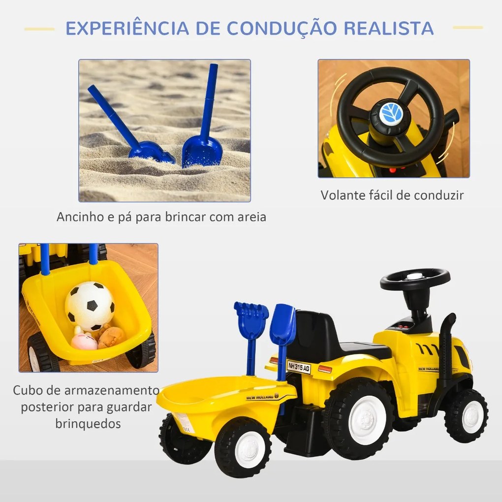 Trator para Crianças de 12-36 Meses com Reboque Removível Carro Andador com Buzina Farol Pá e Ancinho Carga 25kg 91x29x44cm Amarelo