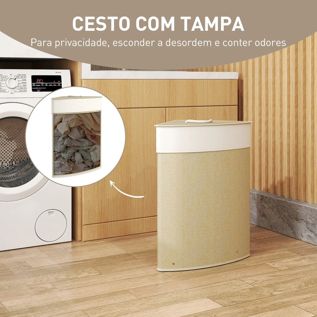 Cesto para Roupa Suja de Bambu de 55L com Tampa e Asa Saco Extraível e Lavável para Casa de Banho Quarto, 35x35x60 cm Creme