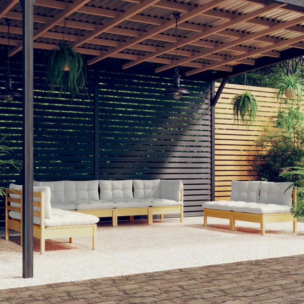 vidaXL 8 pcs conjunto lounge jardim c/ almofadões creme pinho maciço