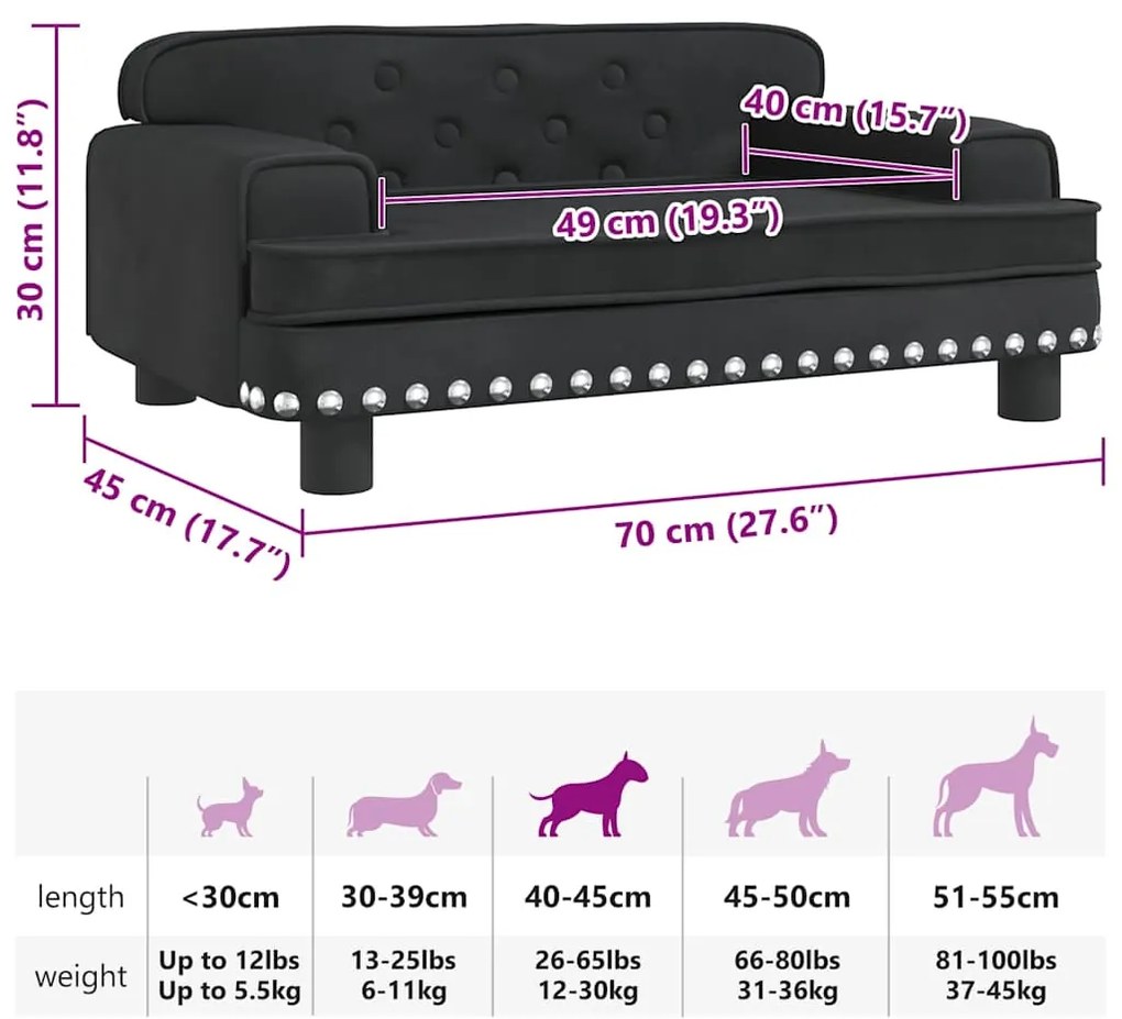 Cama para cães 70x45x30 cm veludo preto