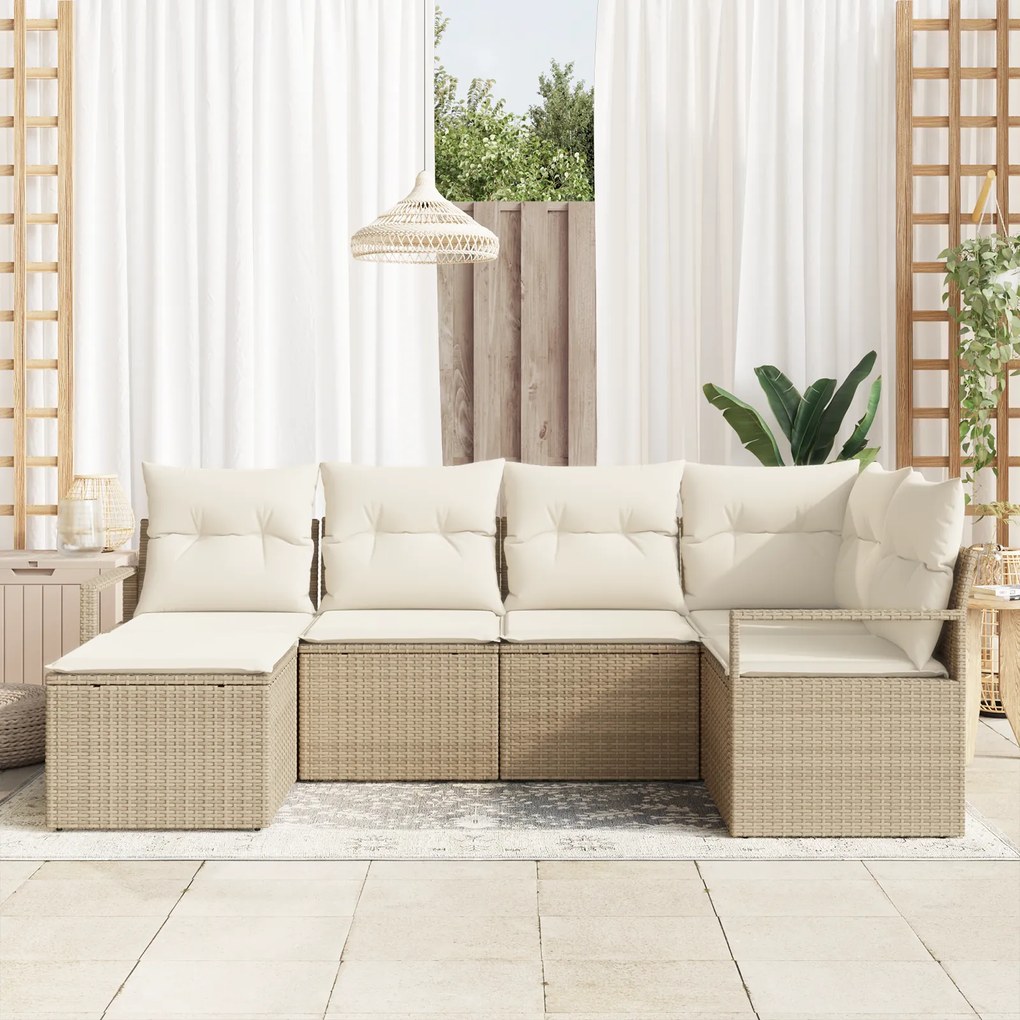 Conjunto de Sofá de Jardim vidaXL 6 Peças com Almofadas Bege Rattan Po