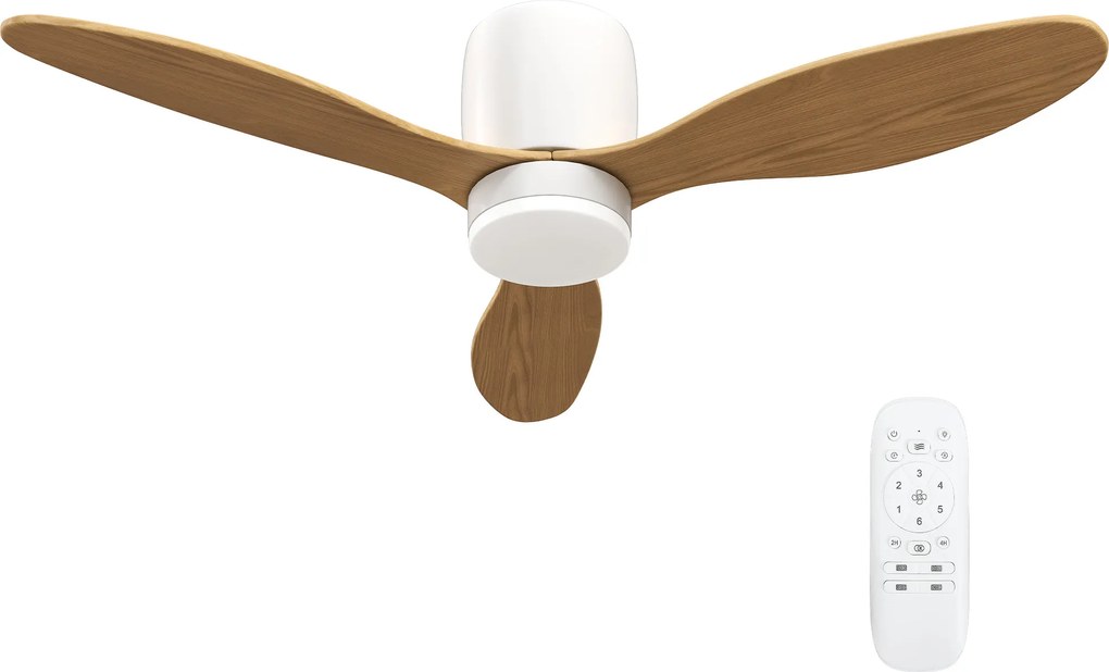 HOMCOM Ventilador de teto com luz ajustável e controlo remoto 115 cm, 3 cores, 3 pás, 6 velocidades, temporizador, natural | Aosom Portugal